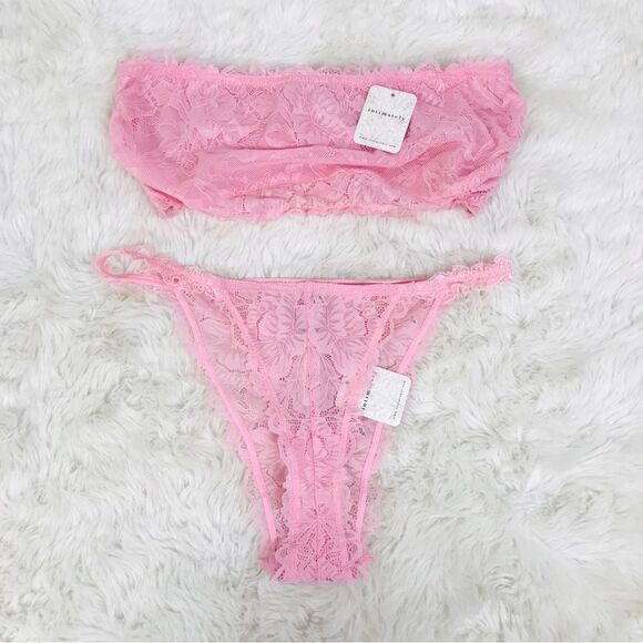 INTIMATELY FREE PEOPLE Pink Lace Bandeau Bra Bralette Bikini Panty Set Large New - Picture 1 of 14